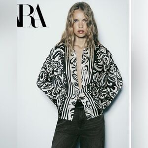 Zara Satin Paisley Blouse Size Medium Navy Cream Spread Collar